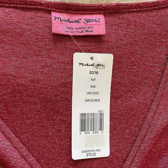 Michael Stars Long Sleeve Surplice Dress Ruby Red Shine One Size NWT - Picture 4 of 4